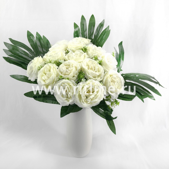 Букет роз с белыми цветами и зеленью "FITTONE", 15г., выс. 40см, цв.микс