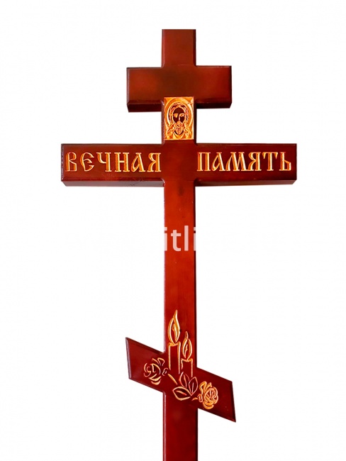 Крест сосновый (темный) надпись "Вечная память" Свечи, Иисус (210х9х4) "MOREFIX"