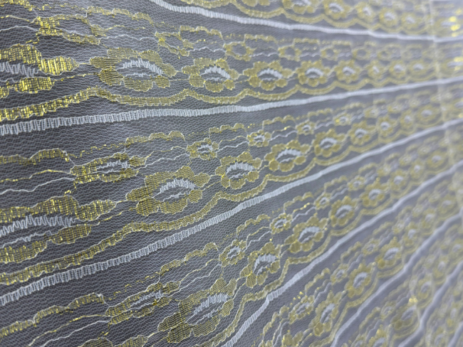 Гипюровое полотно разрывное на 6,4 см белое с золотом, (под польское) FITTONE