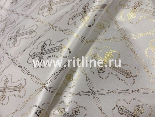 Атлас белый с золотым накатом "Крест", ширина 1,5 м