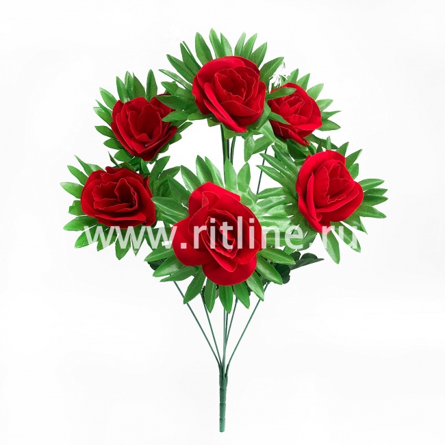 Букет роз с зеленью "FITTONE", 6г., выс. 51см, бархат, цв.красный Букет роз с зеленью "FITTONE", 6г., выс. 51см, бархат, цв.красный