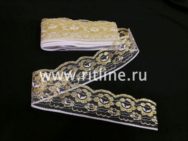Кружево белое с золотом, шир. 6,4 см (под польское) FITTONE Кружево белое с золотом, шир. 6,4 см (под польское) FITTONE
