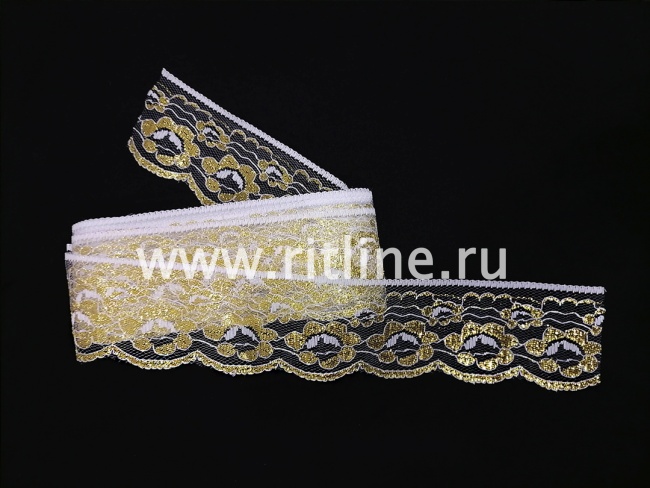 Кружево белое с золотом, шир. 6,4 см (под польское) FITTONE Кружево белое с золотом, шир. 6,4 см (под польское) FITTONE