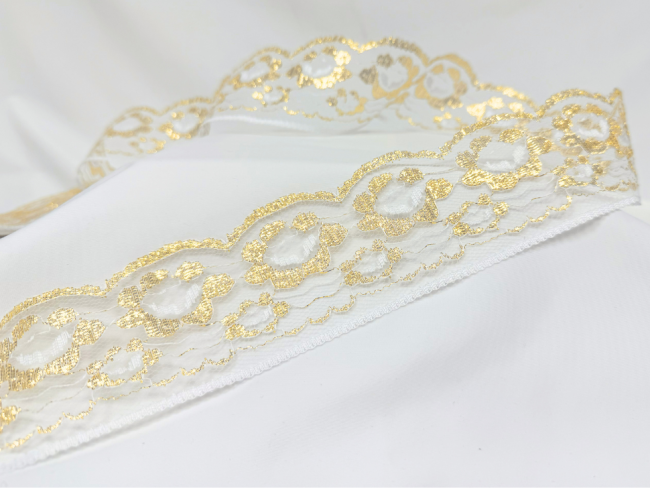 Кружево белое с золотом, шир. 6,4 см (под польское) FITTONE