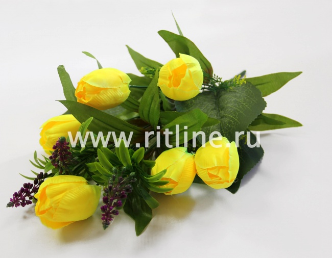 Букет тюльпанов с добавками "FITTONE", 6г+3в., выс. 44см, атлас (в бутоне пенопласт), цв.микс Букет тюльпанов с добавками "FITTONE", 6г+3в., выс. 44см, атлас (в бутоне пенопласт), цв.микс