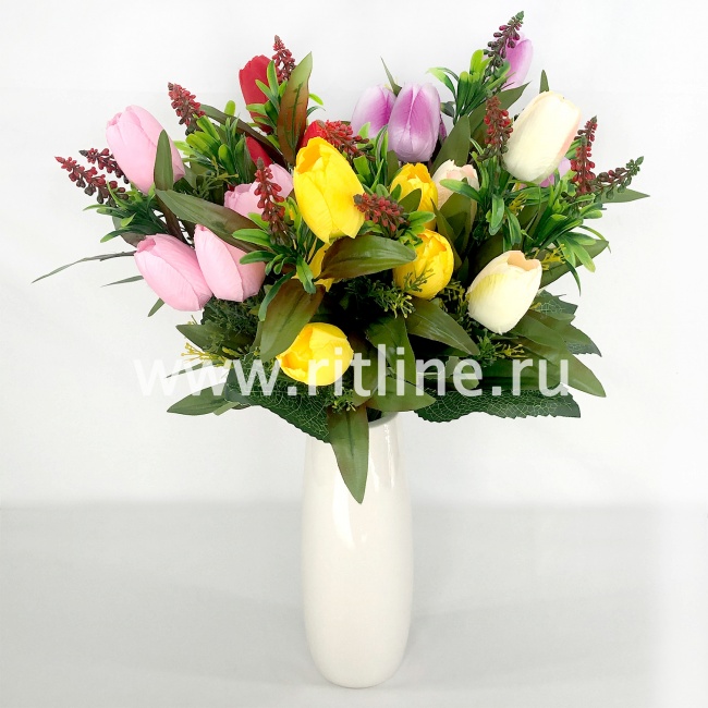 Букет тюльпанов с добавками "FITTONE", 6г+3в., выс. 44см, атлас (в бутоне пенопласт), цв.микс Букет тюльпанов с добавками "FITTONE", 6г+3в., выс. 44см, атлас (в бутоне пенопласт), цв.микс