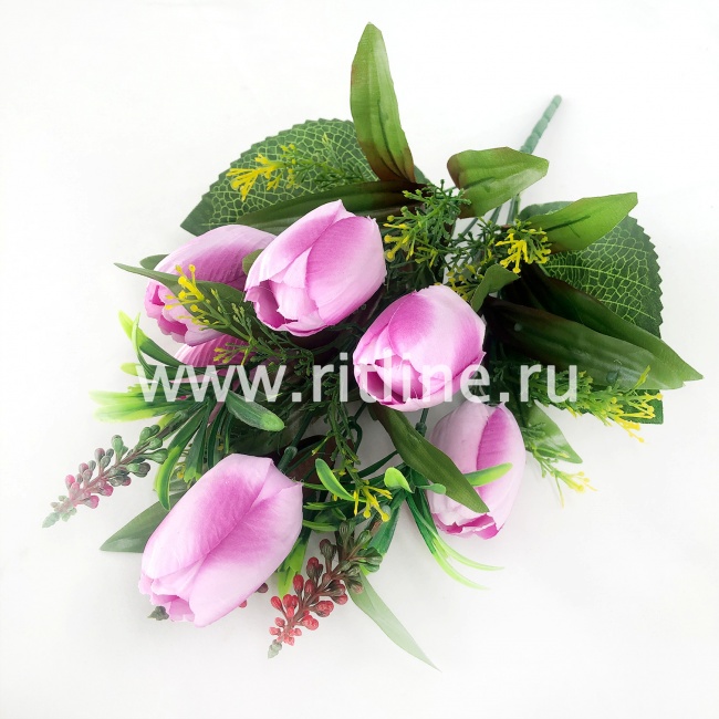 Букет тюльпанов с добавками "FITTONE", 6г+3в., выс. 44см, атлас (в бутоне пенопласт), цв.микс Букет тюльпанов с добавками "FITTONE", 6г+3в., выс. 44см, атлас (в бутоне пенопласт), цв.микс