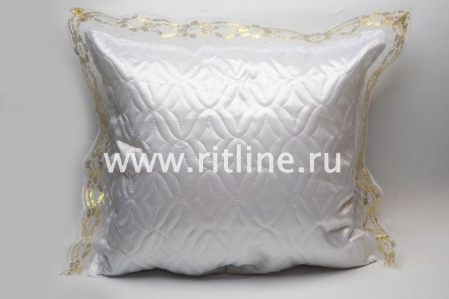 Подушка, атлас термостежка, кружево с золотом, FITTONE, цв. белый