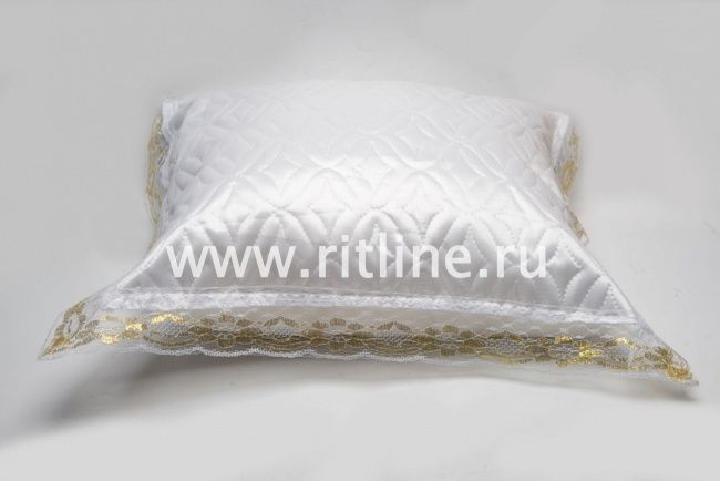 Подушка, атлас термостежка, кружево с золотом, FITTONE, цв. белый