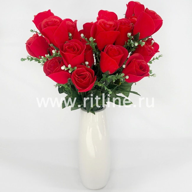 Букет бутонов роз "FITTONE", 9г., выс. 48,5см, бархат, цв.красный