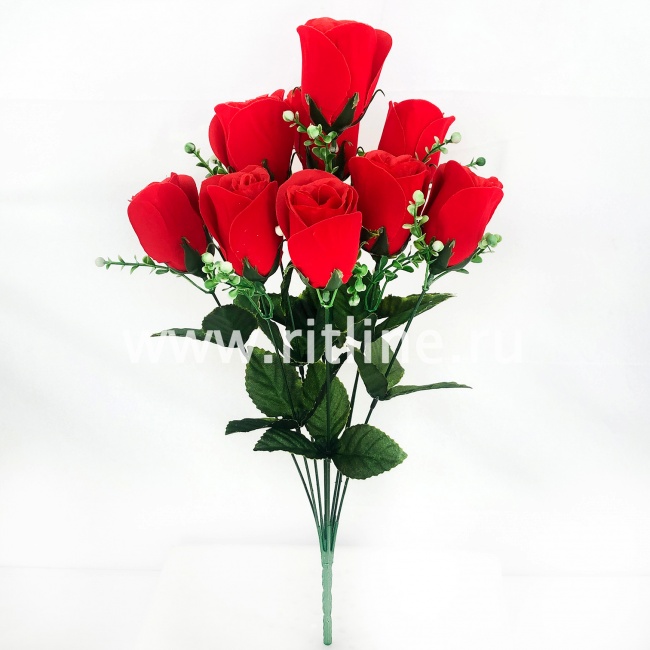 Букет бутонов роз "FITTONE", 9г., выс. 48,5см, бархат, цв.красный