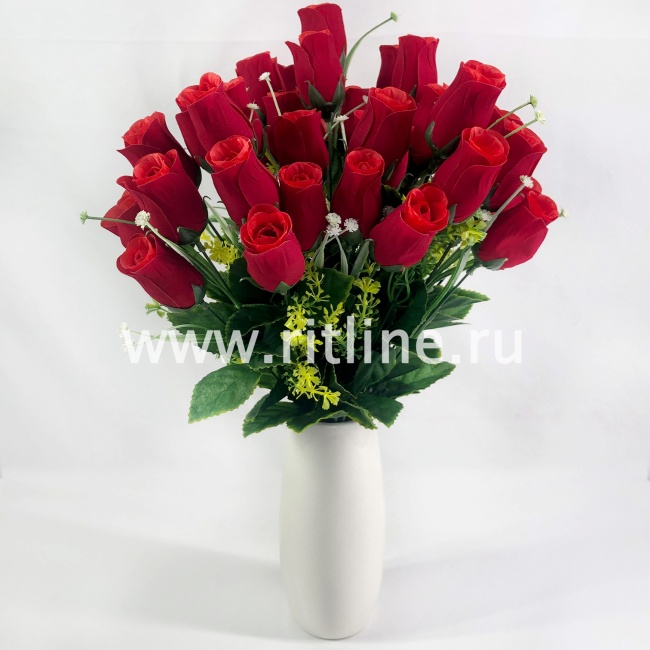 Букет бутонов роз с травкой и цветами "FITTONE", 12г., выс. 46см, бархат, цв.красный