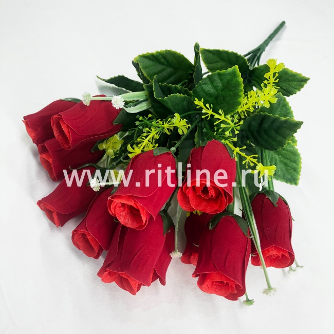 Букет бутонов роз с травкой и цветами "FITTONE", 12г., выс. 46см, бархат, цв.красный