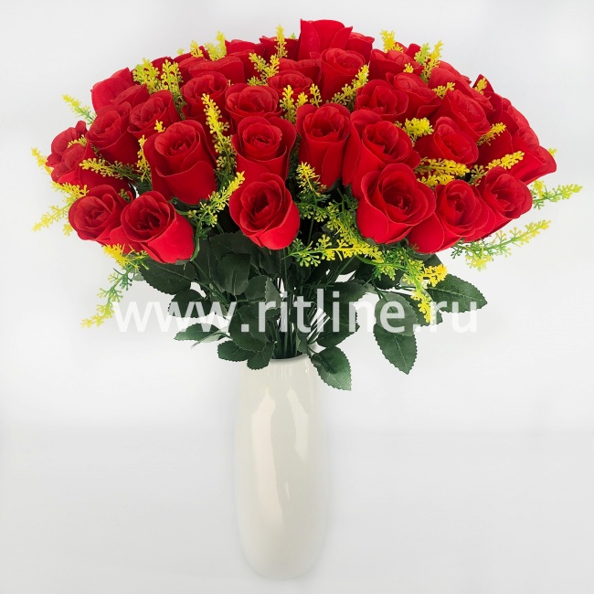 Букет бутонов роз с травкой и цветами "FITTONE", 18г., выс. 46см, бархат, цв.красный