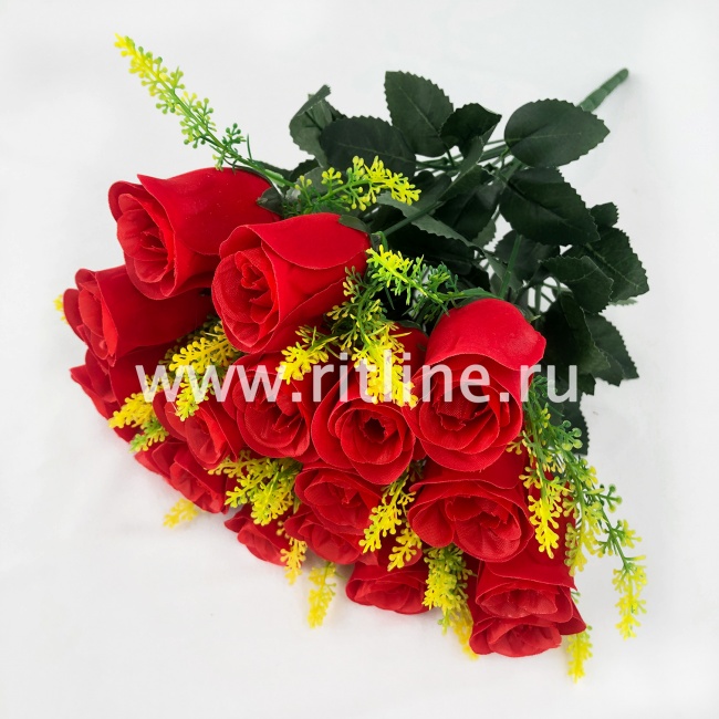 Букет бутонов роз с травкой и цветами "FITTONE", 18г., выс. 46см, бархат, цв.красный