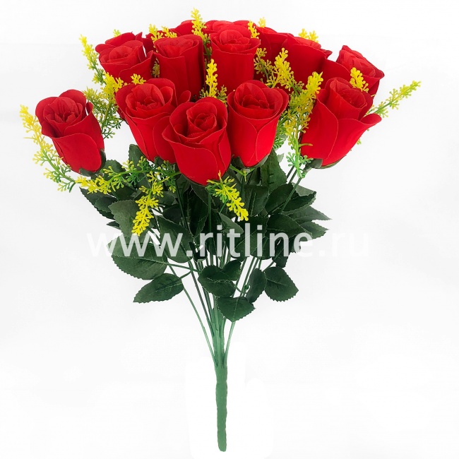 Букет бутонов роз с травкой и цветами "FITTONE", 18г., выс. 46см, бархат, цв.красный