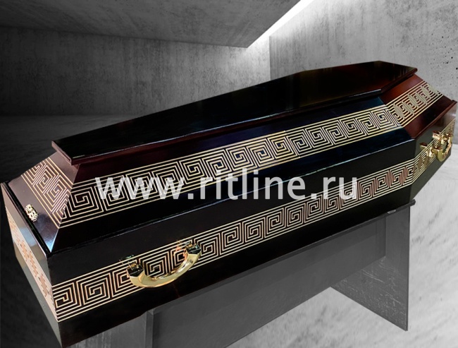 Гроб лак 6-ти гранник, МДФ цв. темный, греческий узор + золото, "MOREFIX" Гроб лак 6-ти гранник, МДФ цв. темный, греческий узор + золото, "MOREFIX"