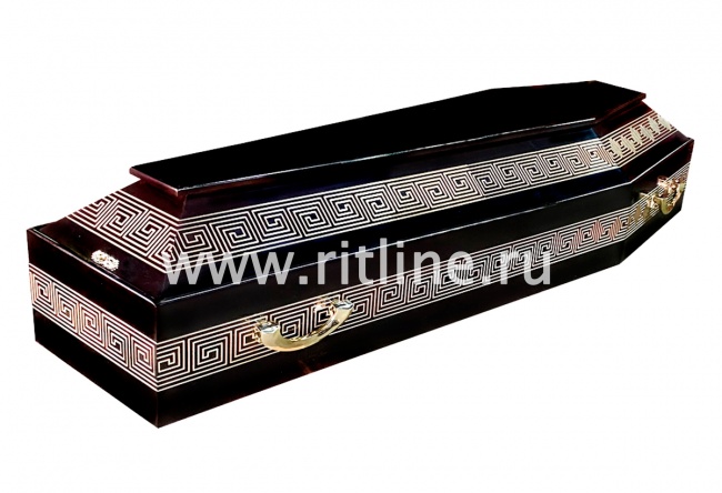 Гроб лак 6-ти гранник, МДФ цв. темный, греческий узор + золото, "MOREFIX" Гроб лак 6-ти гранник, МДФ цв. темный, греческий узор + золото, "MOREFIX"