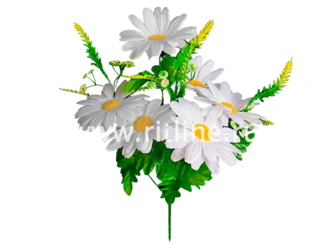 Букет ромашек с добавками, 6г+3в, выс.42см, цв.белый снег, плотный шелк FITTONE