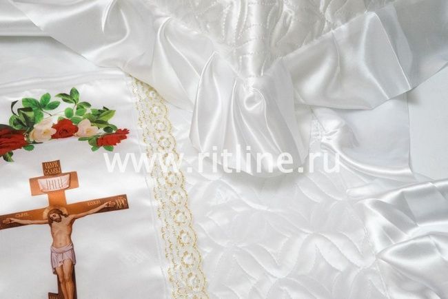 Комплект КТВ (Н+П) (т/с атлас белый, вставка Крест, кружево белое с золотом, волан) Комплект КТВ (Н+П) (т/с атлас белый, вставка Крест, кружево белое с золотом, волан)