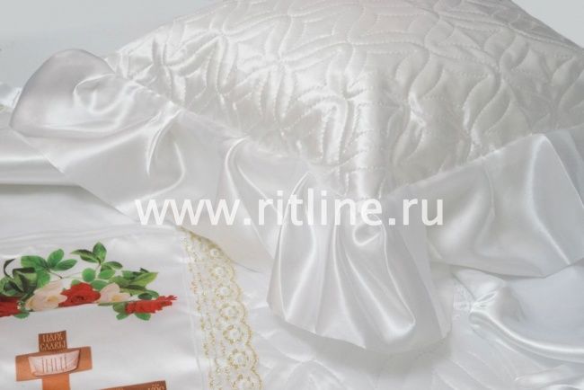 Комплект КТВ (Н+П) (т/с атлас белый, вставка Крест, кружево белое с золотом, волан) Комплект КТВ (Н+П) (т/с атлас белый, вставка Крест, кружево белое с золотом, волан)